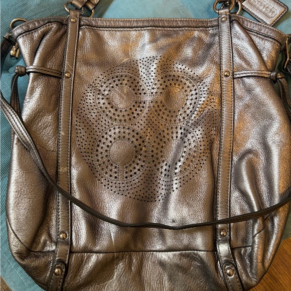 Coach Audrey 19567 Cinched Medium North South Tote Silver Metallic Leather - Picture 2 of 12